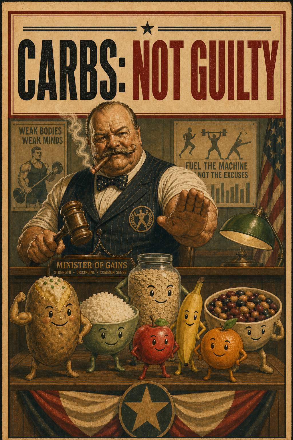 Vintage courtroom poster declaring carbohydrates not guilty.