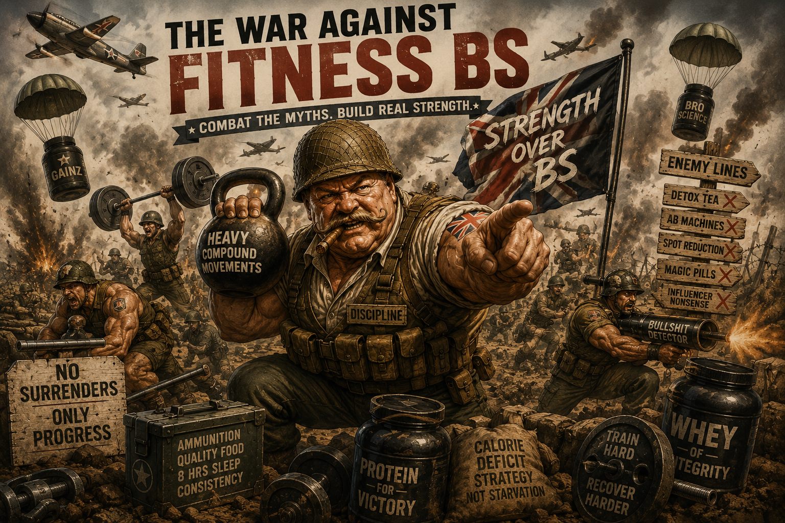 Satirical battlefield poster depicting the war against fitness misinformation.