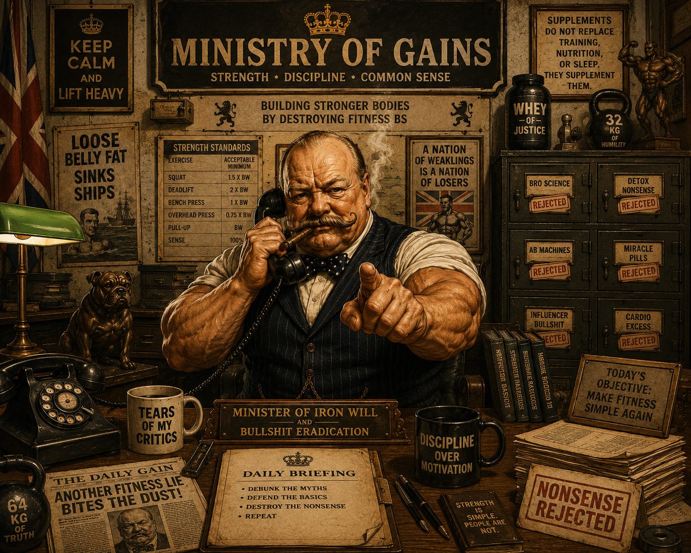 A muscular mustached minister at his desk in the Ministry of Gains, pointing sternly at the reader.
