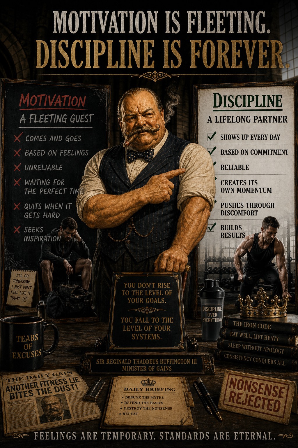 Vintage poster showing motivation as fleeting and discipline as forever.