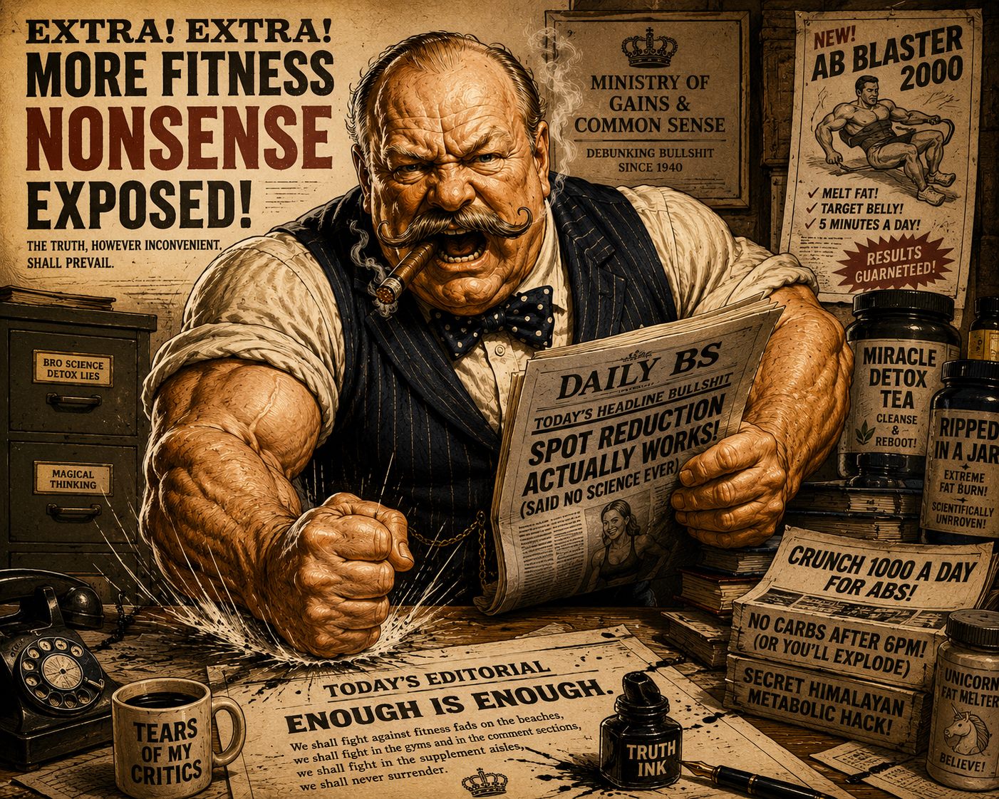An outraged muscular newspaper editor slamming his desk over ludicrous fitness claims.