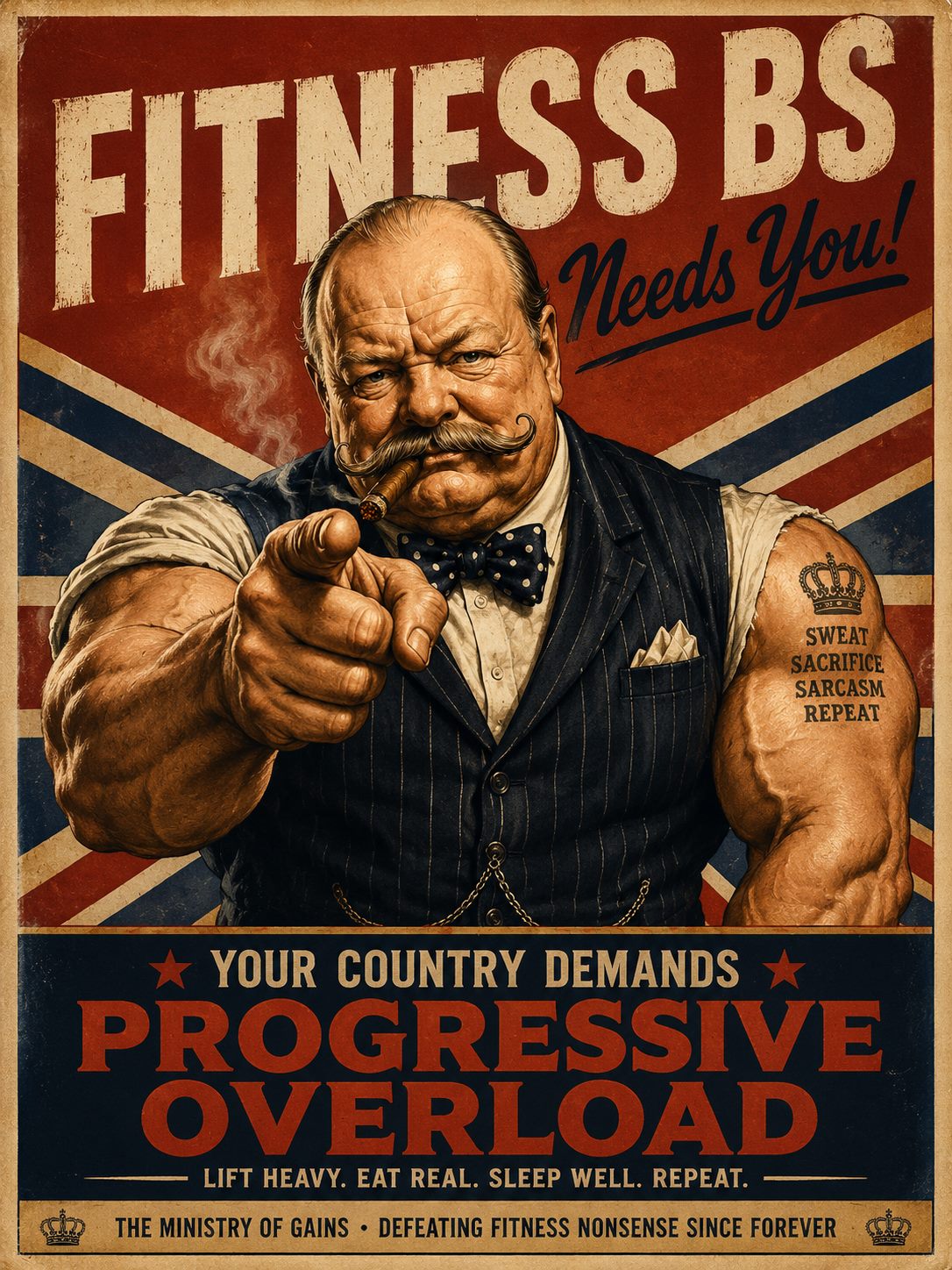 Vintage propaganda poster of the Fitness BS minister pointing at the viewer.