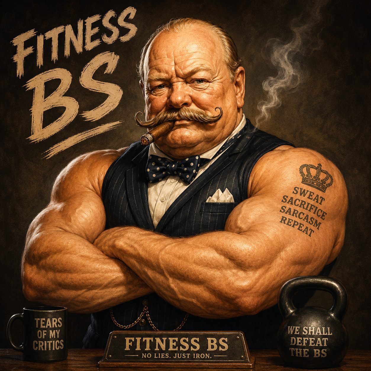 Portrait of the stern mustached Fitness BS strongman.